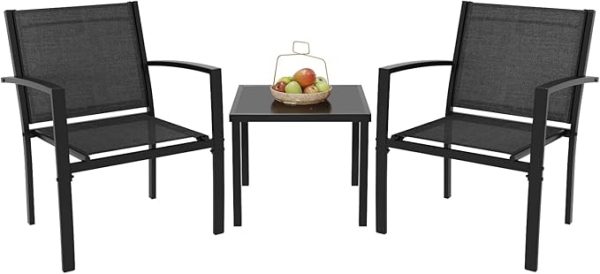 Greesum 3 Pieces Patio Furniture Set Outdoor Conversation Textilene Fabric Chairs for Lawn, Garden, Balcony, Poolside with A Glass Coffee Table, Black - Image 4