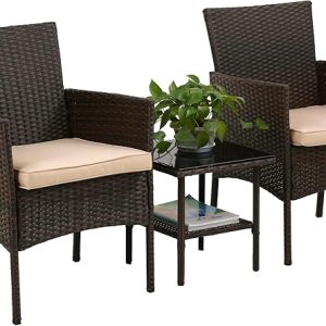 FDW Patio Bistro Conversation Set Wicker Furniture 2 Rattan Chairs Cushions and Glass Coffee Table for Porch Lawn Garden Balcony Backyard, 3 Pieces, Brown and Khaki