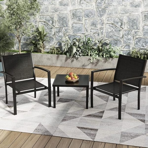 Greesum 3 Pieces Patio Furniture Set Outdoor Conversation Textilene Fabric Chairs for Lawn, Garden, Balcony, Poolside with A Glass Coffee Table, Black - Image 5