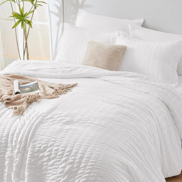 CozyLux Queen Bed in a Bag White Seersucker Comforter Set with Sheets 7-Pieces All Season Bedding Sets with Comforter, Pillow Sham, Flat Sheet, Fitted Sheet and Pillowcase - Image 4