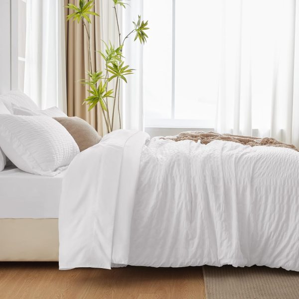 CozyLux Queen Bed in a Bag White Seersucker Comforter Set with Sheets 7-Pieces All Season Bedding Sets with Comforter, Pillow Sham, Flat Sheet, Fitted Sheet and Pillowcase - Image 5