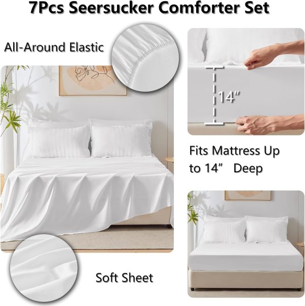CozyLux Queen Bed in a Bag White Seersucker Comforter Set with Sheets 7-Pieces All Season Bedding Sets with Comforter, Pillow Sham, Flat Sheet, Fitted Sheet and Pillowcase - Image 6