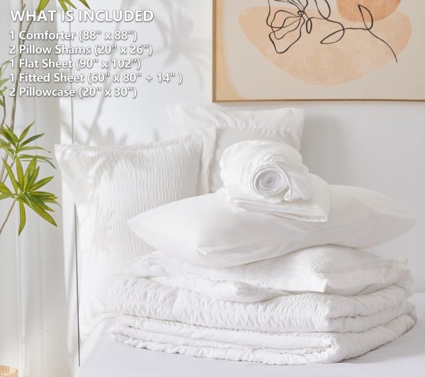 CozyLux Queen Bed in a Bag White Seersucker Comforter Set with Sheets 7-Pieces All Season Bedding Sets with Comforter, Pillow Sham, Flat Sheet, Fitted Sheet and Pillowcase - Image 7