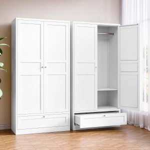 Metal Armoire Wardrobe Closet with 2 Doors 72'' Wardrobe Cabinet with Drawers and Hanging Rail Metal Closet with Adjustable Shelves for Bedroom. (White, with 1drawer)
