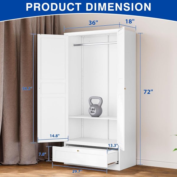 Metal Armoire Wardrobe Closet with 2 Doors 72'' Wardrobe Cabinet with Drawers and Hanging Rail Metal Closet with Adjustable Shelves for Bedroom. (White, with 1drawer) - Image 2