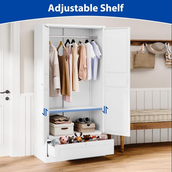 Metal Armoire Wardrobe Closet with 2 Doors 72'' Wardrobe Cabinet with Drawers and Hanging Rail Metal Closet with Adjustable Shelves for Bedroom. (White, with 1drawer) - Image 3