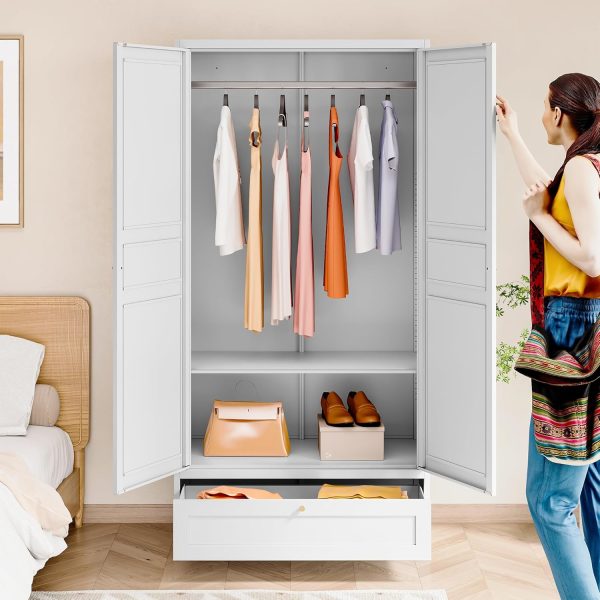 Metal Armoire Wardrobe Closet with 2 Doors 72'' Wardrobe Cabinet with Drawers and Hanging Rail Metal Closet with Adjustable Shelves for Bedroom. (White, with 1drawer) - Image 4