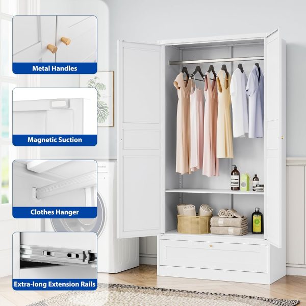 Metal Armoire Wardrobe Closet with 2 Doors 72'' Wardrobe Cabinet with Drawers and Hanging Rail Metal Closet with Adjustable Shelves for Bedroom. (White, with 1drawer) - Image 5