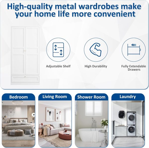 Metal Armoire Wardrobe Closet with 2 Doors 72'' Wardrobe Cabinet with Drawers and Hanging Rail Metal Closet with Adjustable Shelves for Bedroom. (White, with 1drawer) - Image 7