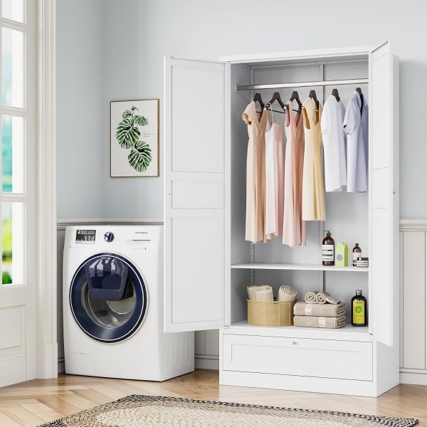 Metal Armoire Wardrobe Closet with 2 Doors 72'' Wardrobe Cabinet with Drawers and Hanging Rail Metal Closet with Adjustable Shelves for Bedroom. (White, with 1drawer) - Image 9
