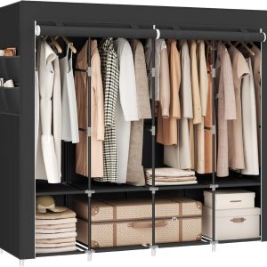 SONGMICS Portable Closet, Wardrobe Closet Organizer with Cover, 4 Hanging Rods and Shelves, 4 Side Pockets, 66.9 x 17.7 x 65.7 Inches, Large Capacity for Bedroom, Living Room, Ink Black URYG094B02
