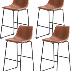 Sweetcrispy Counter Height Bar Stools Set of 4, Modern Counter Stool Faux Leather Barstools with Back, 26 inch Seat Height Island Stools Countertop Comfortable Brown Bar Chairs with Metal Legs