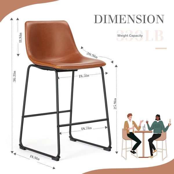 Sweetcrispy Counter Height Bar Stools Set of 4, Modern Counter Stool Faux Leather Barstools with Back, 26 inch Seat Height Island Stools Countertop Comfortable Brown Bar Chairs with Metal Legs - Image 3