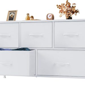 Sweetcrispy Dresser for Bedroom, Drawer Dresser Organizer Storage with 5 Drawers Short Dresser, Chest of Drawers with Fabric Bin, Steel Frame, Wood Top for Bedroom, Entryway