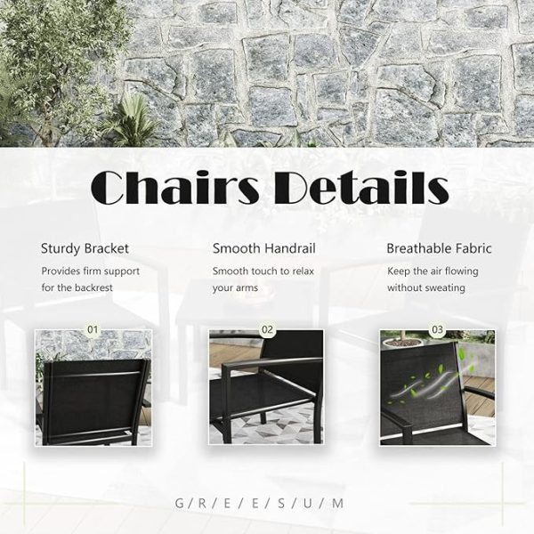 Greesum 3 Pieces Patio Furniture Set Outdoor Conversation Textilene Fabric Chairs for Lawn, Garden, Balcony, Poolside with A Glass Coffee Table, Black - Image 3