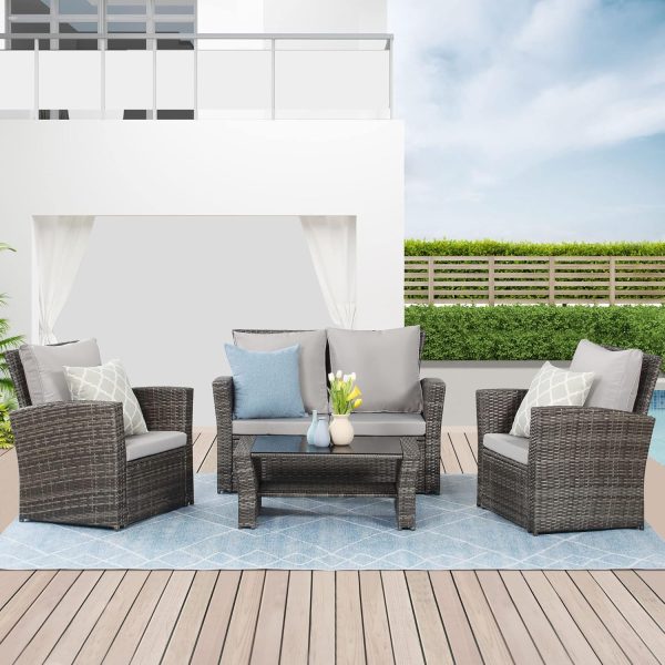 Wisteria Lane 4 Piece Outdoor Patio Furniture Sets, Wicker Conversation Set for Porch Deck, Gray Rattan Sofa Chair with Cushion - Image 7